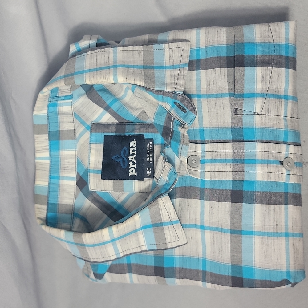 PRANA 🔹️Breathe🔹️Mens Medium🔹️ Summer Blue & Grey🔹️Lightweight🔹️Button Up